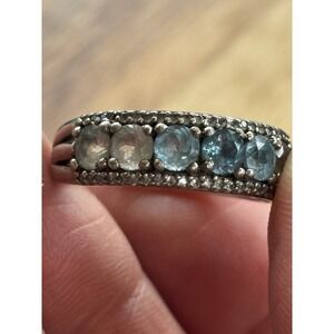 Sterling Silver 925 Band Ring Blue & Clear Topaz Gemstones Sz 8.25
